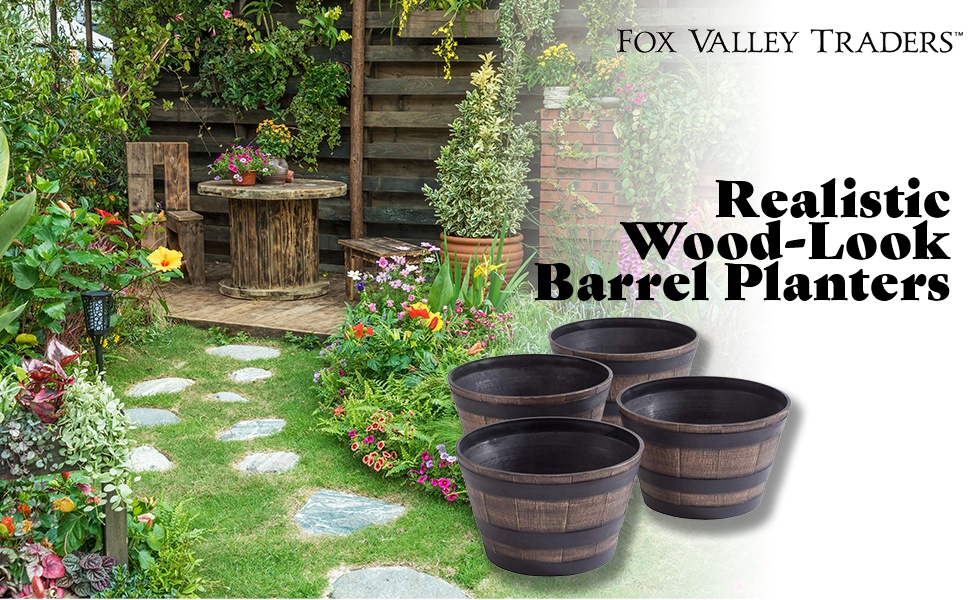 Fox Valley Traders Realistic Wood Look Barrel Planters Lightweight Durable Plastic
