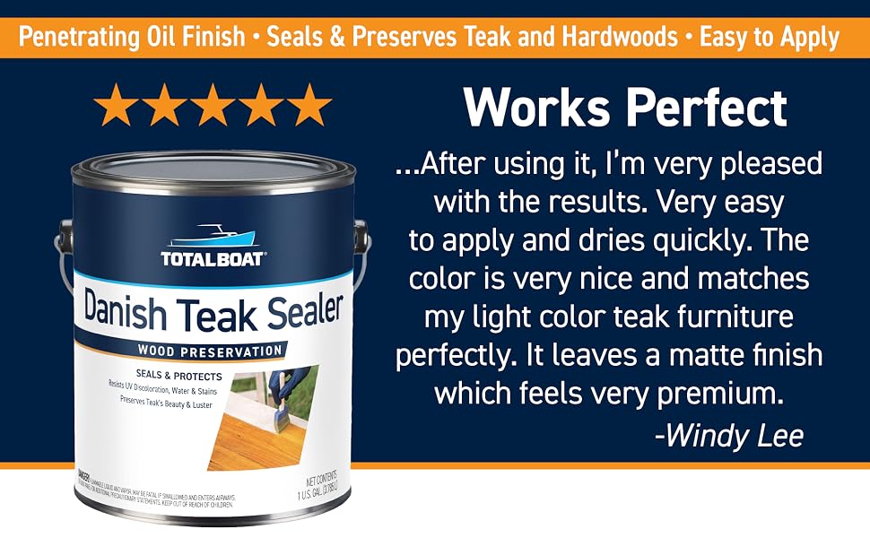 TotalBoat Danish Teak Sealer with 5-star review for easy application and natural teak protection