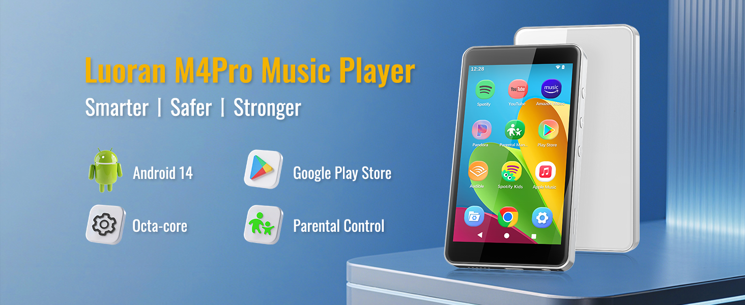 Text reads 'Super MP3 Music Player', 'Smarter | Safer | Stronger', 'Android 11', 'Google Play Store', 'Kids', 'Parental Control'. Smartphone with colorful app interface displayed next to white device box.