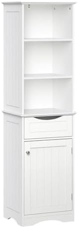 RiverRidge, White Ashland Bathroom Freestanding Storage Cabinet with Three Open Shelves and Drawer