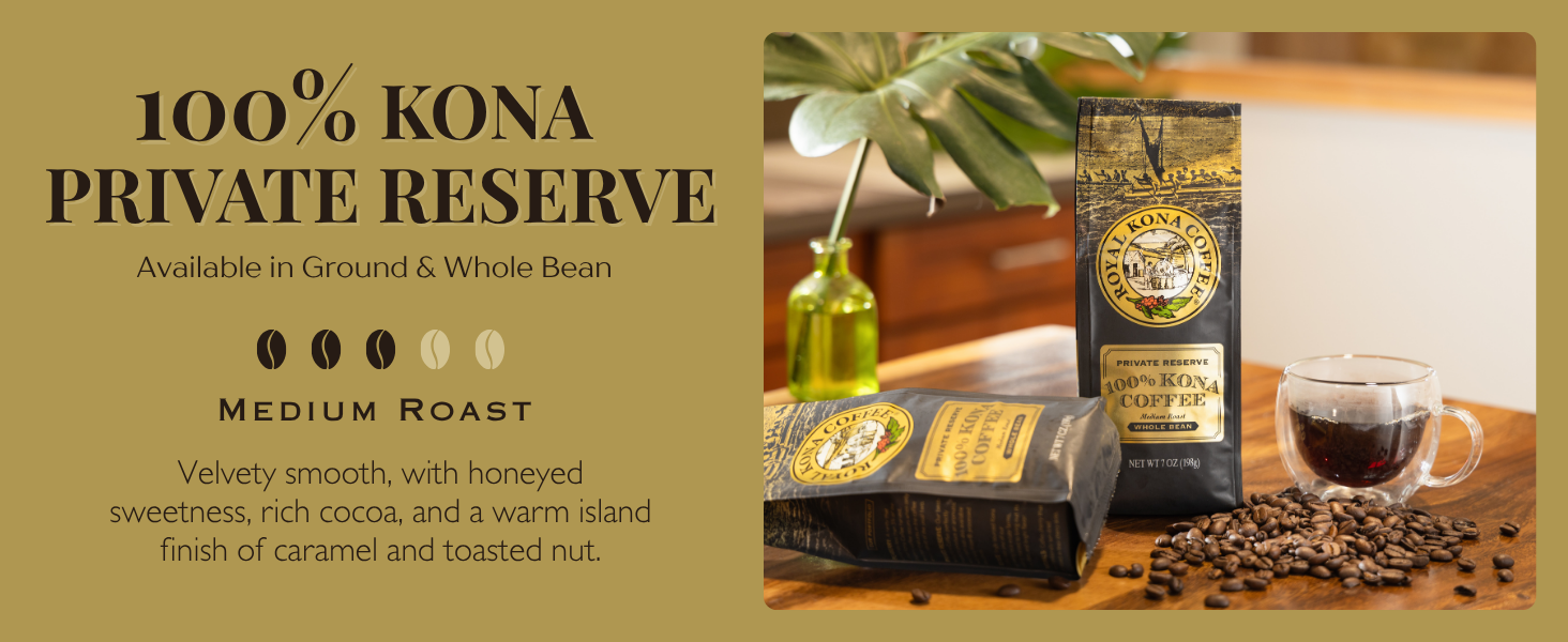 100% Kona Private Reserve, Medium Roast, Ground or Whole Bea, smooth, notes of cocoa, caramel, nuts