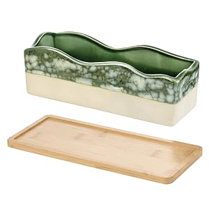Beige Green Ceramic Glazed Rectangular Succulent Planter Pot
