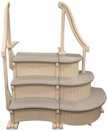 Confer Plastics Curved Drop-in Inground Pool Step 3 Tread Stair Entry System w/ 2 Handrails & Adjustable Mounting Brackets - Base Step, Grey Treads
