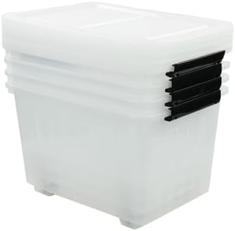 Clear Plastic Storage Bins with Wheels, 4-Pack Latch Boxes, 30 L