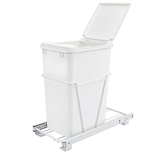 Rev-A-Shelf Single 35 Qt Pullout Trash Can for Base Kitchen Cabinets | Garbage Waste Bin System with 3/4 Extension Slides, Min Opening Width of 11, White, RV-12PB