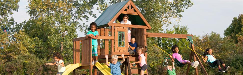 Castlebrook, WS 8355, swing set for kids, swing set with slides, wooden swing set, wooden play set