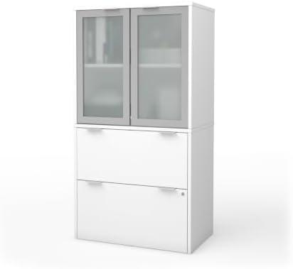 Bestar i3 Plus 31W Lateral File Cabinet with Frosted Glass Doors Hutch in White | With Frosted Glass Doors Hutch, ball-bearing drawer slides