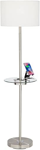 360 Lighting Caper 60 1/2" Tall Nickel Tray Table USB and Outlet Floor Lamp | Modern with AC Power on Glass 5 Satin White Fabric Drum Shade for Living Room Reading House Bedroom