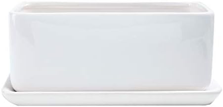10 inch Rectangular White Ceramic Planter Pot Succulent Cactus Herb Flower Container Window Box Saucer Removable Drip Tray Base Drain Holes Home