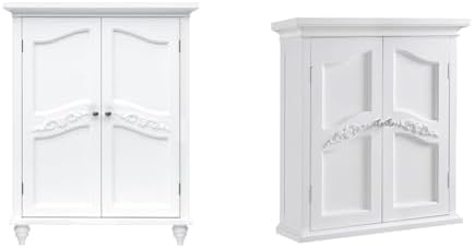 Teamson Home Versailles Wooden Floor Storage Cabinet and Wall Cabinet with Adjustable Shelves and Floral Scroll Doors, White
