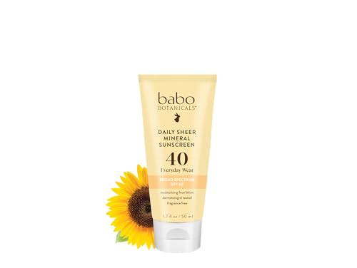 Babo Botanicals Daily Sheer Mineral Face Sunscreen Lotion SPF40 - Natural Zinc Oxide & Titanium Dioxide - 70% Organic Ingredients - Raspberry Oil & Aloe Vera - Fragrance Free - For Face - For all ages