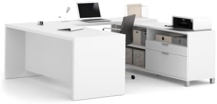 Bestar Pro-Linea 72W U-Shaped Executive Desk in Bark Grey | With Desk Shell, Credenza, Desk Bridge; for home or professional office use; 1 file drawer, 1 box drawer; Wood construction