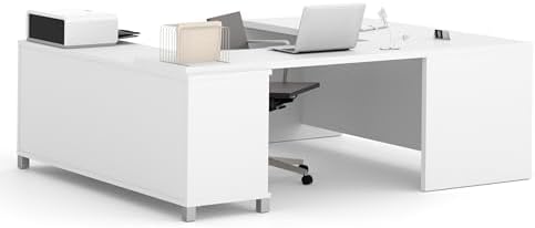 Bestar Pro-Linea 72W U-Shaped Executive Desk in Bark Grey | With Desk Shell, Credenza, Desk Bridge; for home or professional office use; 1 file drawer, 1 box drawer; Wood construction
