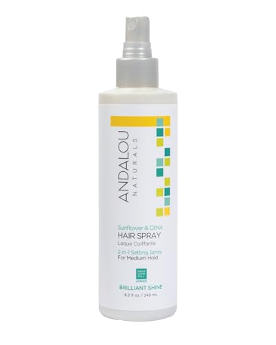 Andalou Naturals Sunflower & Citrus Brilliant Shine Hair Spray (8.2 fl oz) | Styling for Shine & Medium Hold, Aloe Vera for Frizz Control, Natural & Cruelty Free