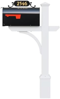 Argonne White Post & Black Mailbox (Large) | Personal curbside mailbox system features a large black aluminum mailbox, sturdy white square post, and custom house numbers.