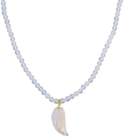 Opalite 110.00 ctw Carved Wing Pendant Beaded Necklace in Goldtone 18-20"