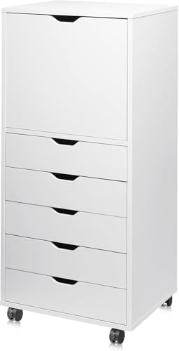 DEVAISE 7-Drawer Office File Cabinets, Mobile Craft Storage Cabinet, White | Wood Drawer Unit, Storage Cabinet, Rolling Cart, Printer Stand, Filing Cabinet with Drawers