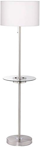360 Lighting Caper 60 1/2" Tall Nickel Tray Table USB and Outlet Floor Lamp | Modern with AC Power on Glass 5 Satin White Fabric Drum Shade for Living Room Reading House Bedroom