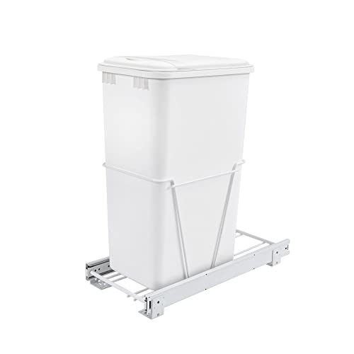Rev-A-Shelf Single 35 Qt Pullout Trash Can for Base Kitchen Cabinets | Garbage Waste Bin System with 3/4 Extension Slides, Min Opening Width of 11, White, RV-12PB