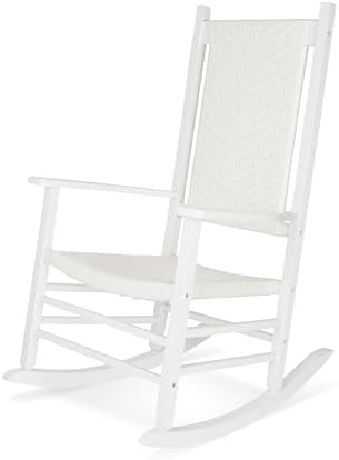 Shine Company Hampton Porch Rocker, High Back Wood Rocking Chair, Rattan Backrest & Seat, White