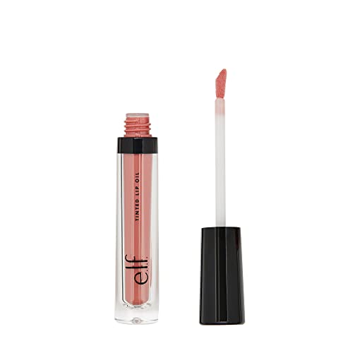 e.l.f. Cosmetics Tinted Lip Oil, Long Lasting & Sheer Coverage, Non-Sticky, Hydrates, Adds Shine, Infused with Jojoba, Apricot & Vitamin E, Nude Kiss