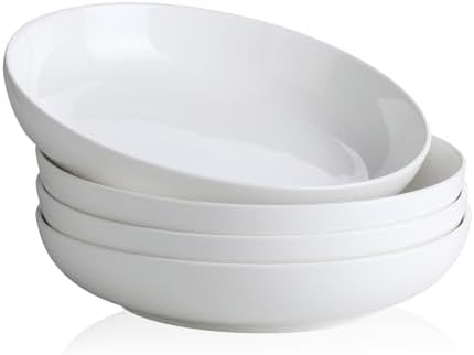 Y YHY 9.75" Large Pasta Bowls, 50 Ounces Big Salad Bowls, Ceramic Serving Bowl Set of 4, Wide and Shallow Bowls Set, Microwave and Dishwasher Safe, White