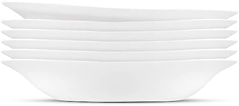 Bormioli Rocco Parma Set Of 6 Pasta Bowls And Soup Plates, 8.75 Inch Tempered Opal Glass, Clean White, Linear & Curved Design, Dishwasher Safe