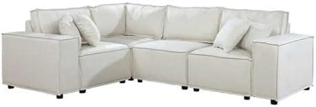 Lilola Home Melrose 99-inch Modular Sectional Sofa with Ottoman, Beige Linen Fabric L-Shaped Corner Couch for Small Spaces