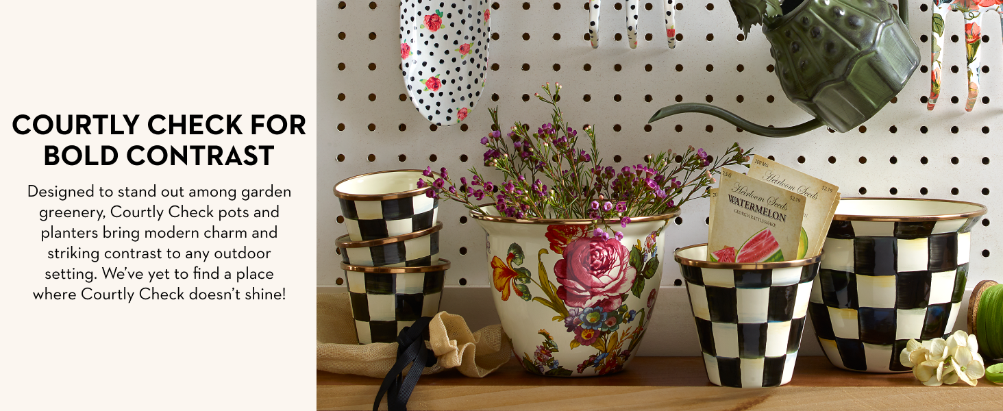 Mackenzie-Childs flowerpots. Text reads: Courtly Check for bold contrast.