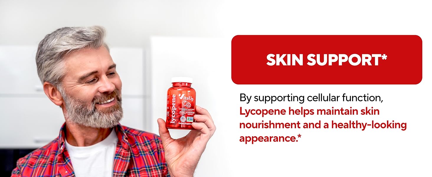 skin support text with man holding red bottle of lycopene supplement