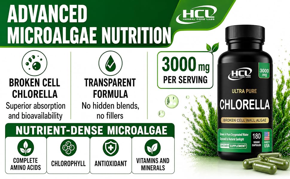 Chlorella capsules dietary supplement made with broken cell chlorella for better absorption
