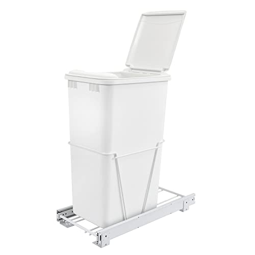 Rev-A-Shelf Single 35 Qt Pullout Trash Can for Base Kitchen Cabinets | Garbage Waste Bin System with 3/4 Extension Slides, Min Opening Width of 11, White, RV-12PB