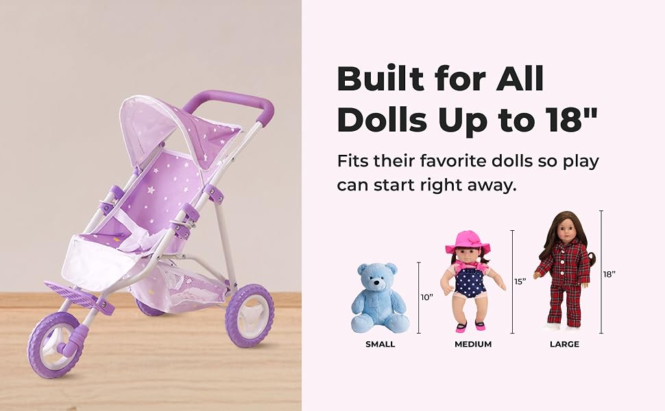 different size dolls next to a baby doll stroller