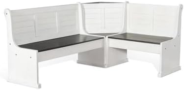 Carriage House Wood Breakfast Nook Set, Off White and Dark Brown Finish, Mahogany Base, Hidden Storage Benches, Reversible Design