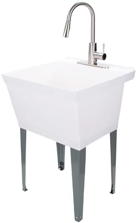 White Utility Sink Laundry Tub with High Arc Stainless Faucet for Laundry Room Basement, Garage