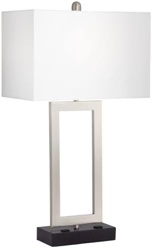 Todd 30" Large Table Lamp USB Brushed Nickel AC Power Outlet Modern | Hotel Charging Ports Living Room Bedroom House Bedside Nightstand Home Office Family Rectangle White Shade