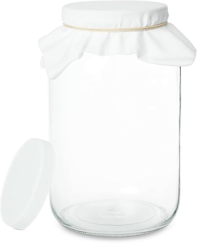 1 Gallon Glass Wide Mouth Kombucha Brewing Mason Jar - Home Brewing and Fermenting Kit with Cotton Cloth Filter, Rubber Band and Plastic Lid (1 Jar)