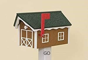 Vinyl Amish Barnstyle Mailbox (Cedartone with White Trim & Green Roof)
