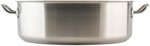 Winco 15 qt Stainless Steel Brazier Pan with Lid | Flat bottom, Wide base, Riveted handles, Induction safe, Great for Braising, Simmering, Batch Cooking and Restaurant Kitchens