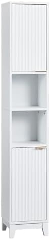 VINGLI White Fluted Tall Narrow Bathroom Cabinet, 67" Slim Freestanding Storage Cabinet for Small Spaces, Wood Linen Tower Floor Cabinet with 2 Doors