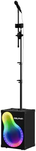 Dolphin Portable Bluetooth Party Speaker with Wired Microphone & Stand | WaveSync Pairing, LED Lights, USB, TF, FM Radio & AUX Inputs, Phone Holder