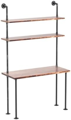 Industrial Pipe Desk with 3 Tier Shelves, Rustic Solid Wood Writing Workstation, Sturdy Metal Frame for Home Office Study Living Room Decor(40" L)