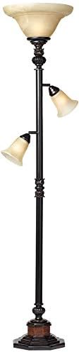 Kathy Ireland Sonnett 72" Tall 3-Light Torchiere Floor Lamp Living Room | Industrial Vintage Tree Standing Bronze Brown Champagne Alabaster Glass