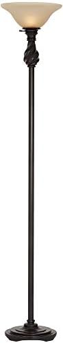 Regency Hill Restoration Bronze 70" Tall Amber Glass Torchiere Floor Lamp | Traditional Hand Applied Black Swirl Font Shade Standing Pole Light for