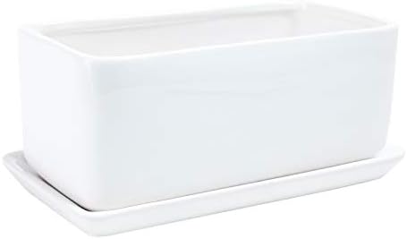 10 inch Rectangular White Ceramic Planter Pot Succulent Cactus Herb Flower Container Window Box Saucer Removable Drip Tray Base Drain Holes Home
