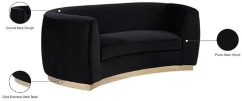 Meridian Furniture Julian Collection Modern | Contemporary Velvet Upholstered Loveseat with Stainless Steel Base in Rich Gold Finish, Black, 70" W x 34" D x 28" H