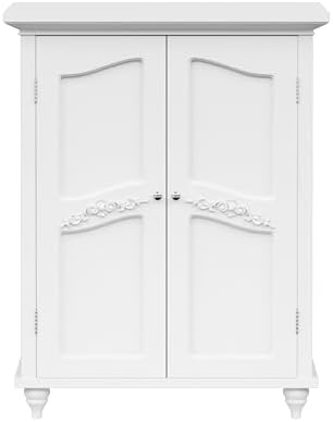 Teamson Home Versailles Wooden Freestanding Floor Storage Cabinet with 2 Adjustable Interior Shelves 3 Storage Spaces and 2 Floral Scroll Doors, White