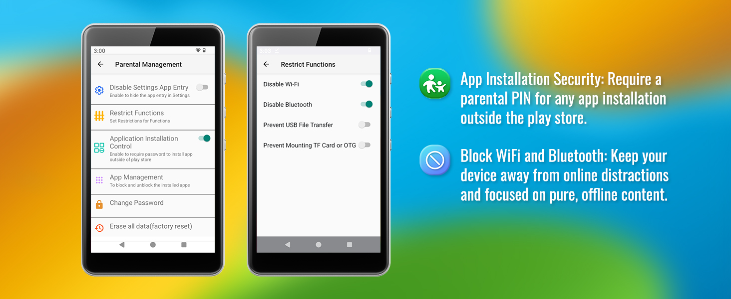 Text reads "No Installation Hassle! Resets 1 protocol fill for you convenient on your way", "Consistent colour and vibrant print quality with smart chip technology", "Pages of printing to be made for easy inking, safer refill colour choice". Image displays two smartphone screens showing product information against blue and orange gradient background.