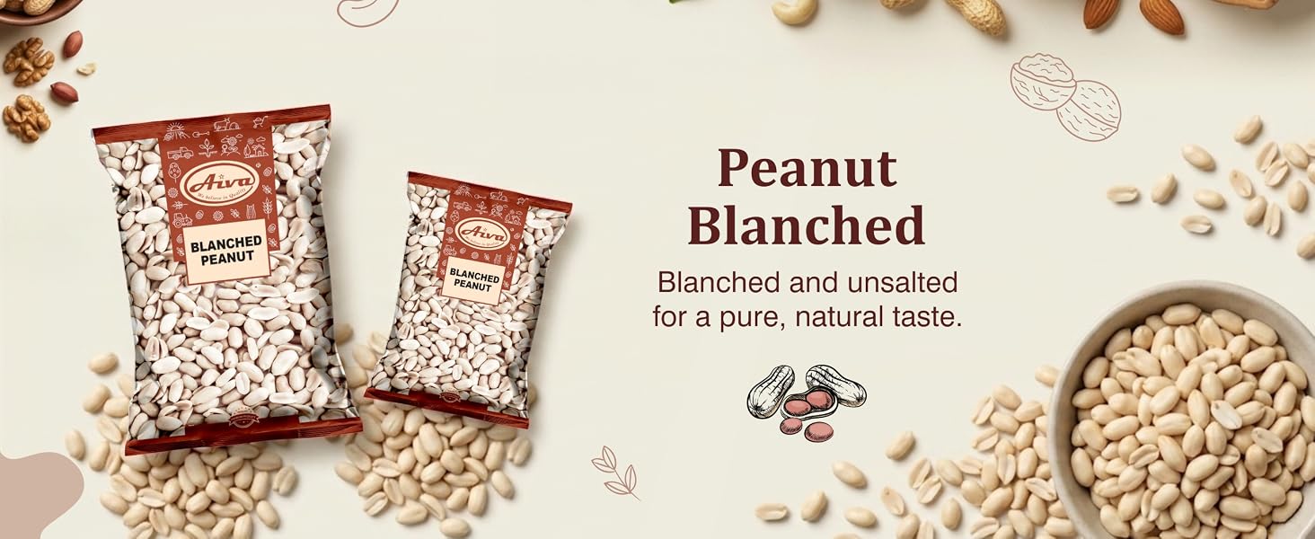 Aiva Blanched Peanuts shown in pouches with loose product.