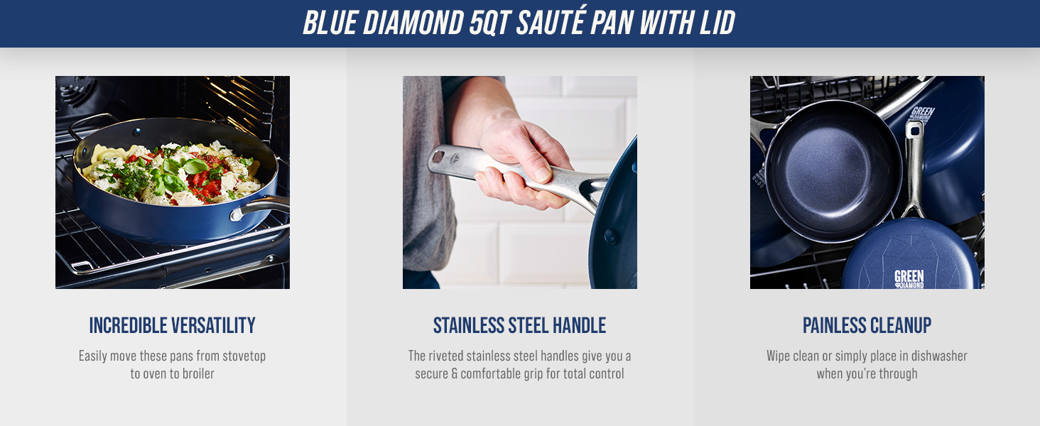 BlueDiamond, Ceramic Nonstick, PFAS-Free, Non-Toxic, Cookware, Saute Pan, Classic